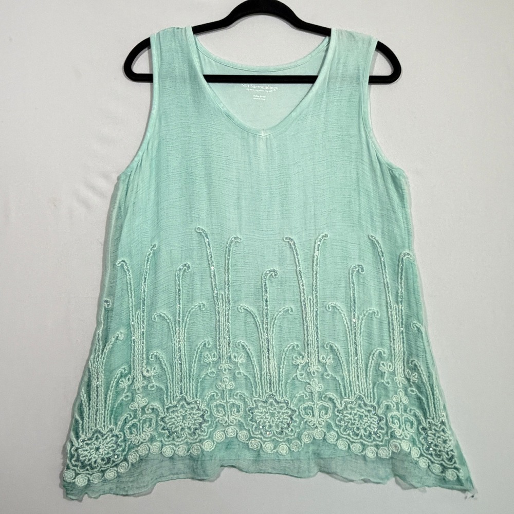 Soft Surroundings Tank Top Women's Petite Small Green Silk Embroidered Sequin